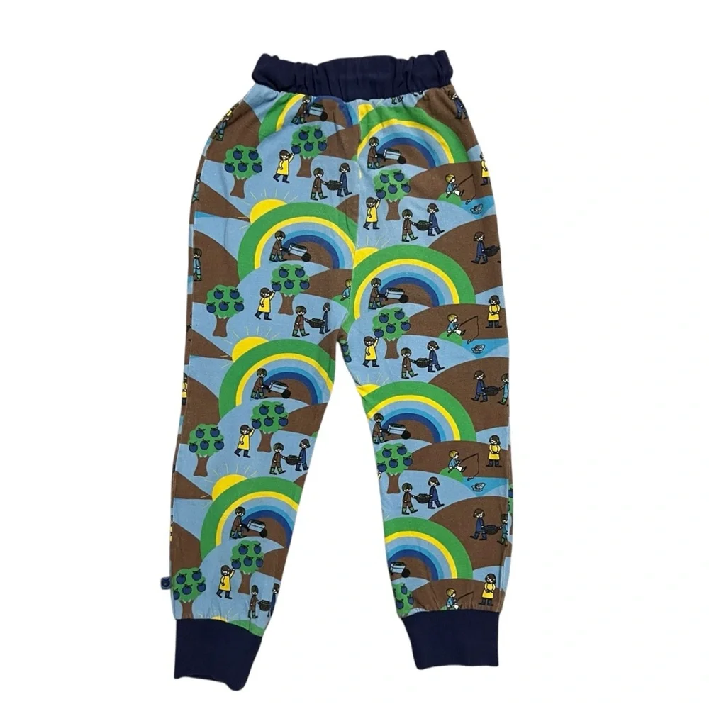 Smafolk 7-8Y Organic Blue Landscape Pants Sunshine Apples Rainbows Fishing